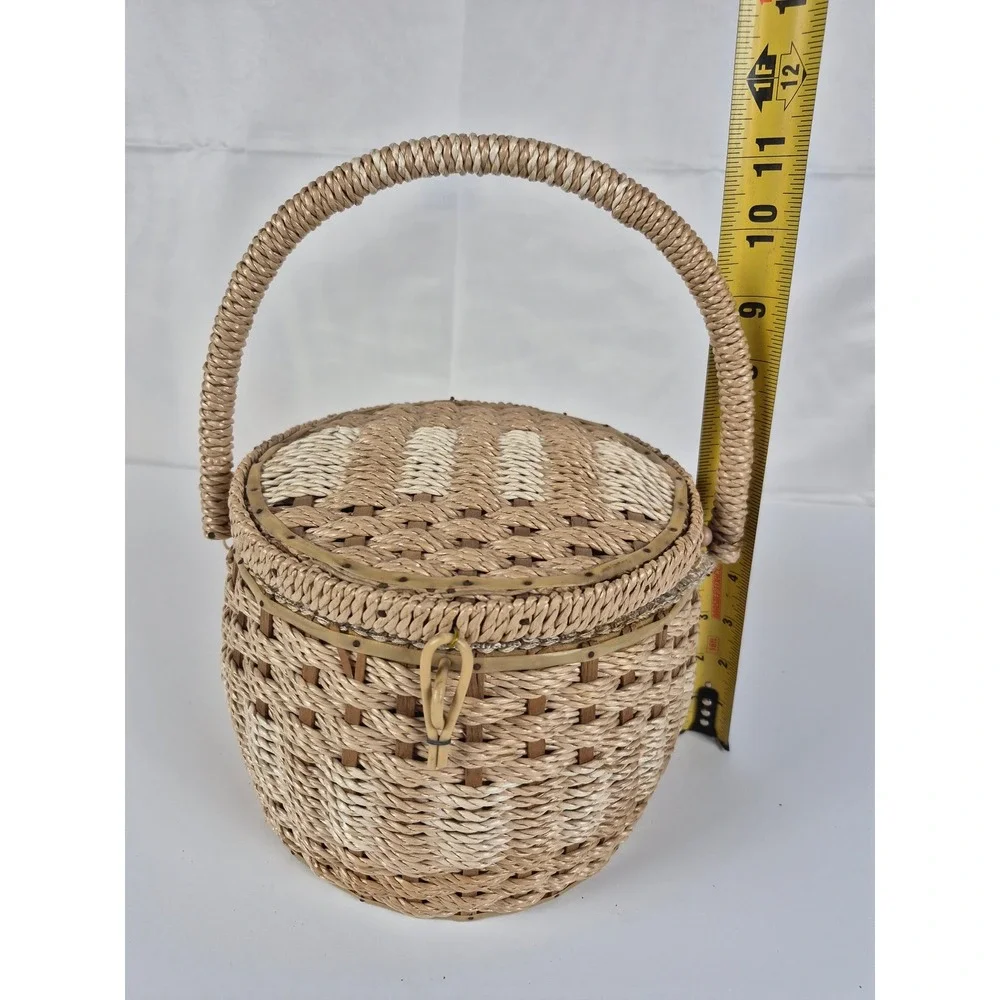Vintage Wicker Sewing Basket Floral Lined Japan Insert Boho Craft Storage‎
